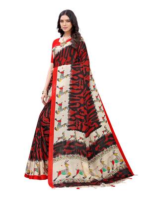 Red printed jute saree with blouse 2