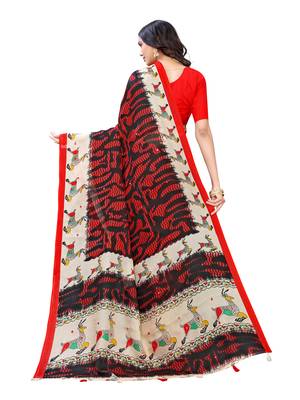 Red printed jute saree with blouse 3
