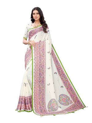 White printed jute saree with blouse 1