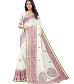 White printed jute saree with blouse