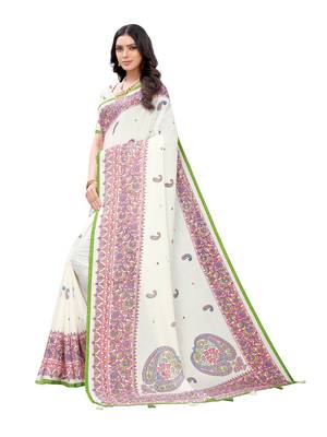 White printed jute saree with blouse 2