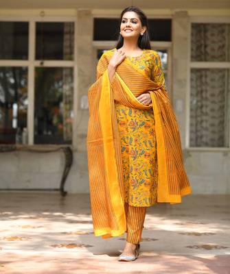Yellow Floral Printed Cotton Suit Set 1