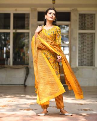 Yellow Floral Printed Cotton Suit Set 3