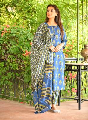 KAAJH Blue Floral Printed Cotton Suit Set 1