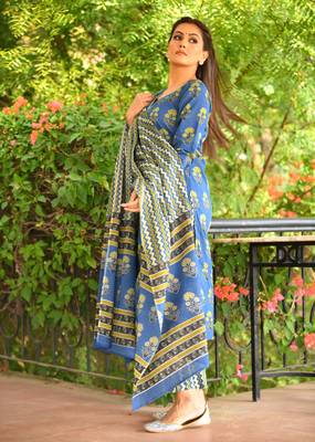 KAAJH Blue Floral Printed Cotton Suit Set 2