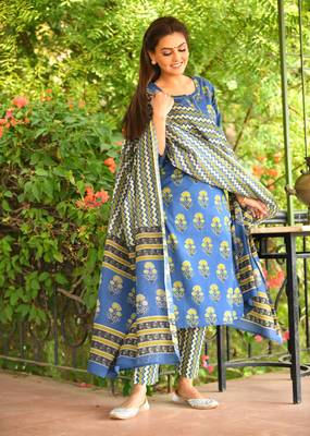 KAAJH Blue Floral Printed Cotton Suit Set 3