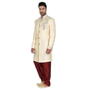 Cream Indowestern With Hand Embroidery Butta And On The Collar With Contrast Maroon Cord Piping 1