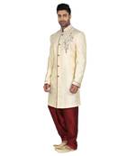 Cream Indowestern With Hand Embroidery Butta And On The Collar With Contrast Maroon Cord Piping