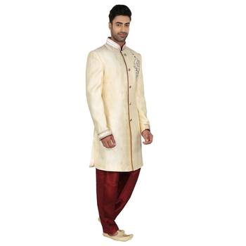 Cream Indowestern With Hand Embroidery Butta And On The Collar With Contrast Maroon Cord Piping 2