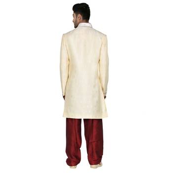 Cream Indowestern With Hand Embroidery Butta And On The Collar With Contrast Maroon Cord Piping 3