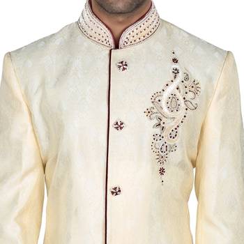 Cream Indowestern With Hand Embroidery Butta And On The Collar With Contrast Maroon Cord Piping 4