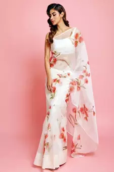 Kimisha Organza Red Floral Printed White Saree with Blouse