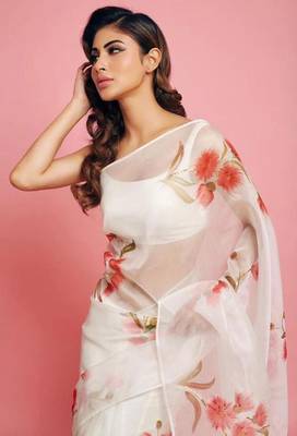 Kimisha Organza Red Floral Printed White Saree with Blouse 1