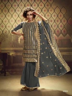  Grey Sequins Embroidered Net Gharara Suit 1