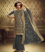  Grey Sequins Embroidered Net Gharara Suit
