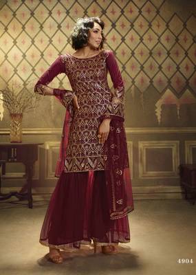 Mesmerizing Maroon sequins embroidered net Sharara Suit 1
