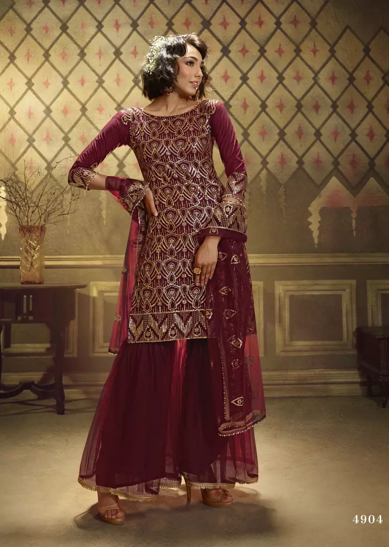 Maroon sequins embroidered net Gharara Suit