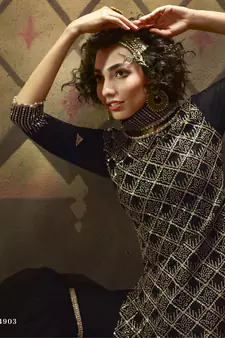 Black Sequins Embroidered Net Sharara Salwar Kameez