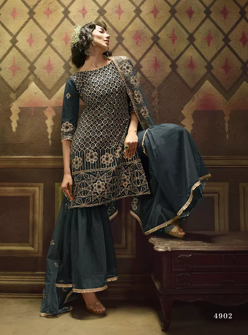 Delightful Teal Green sequins embroidered net Sharara Suit for Eid