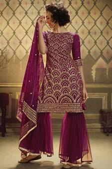 Wine Sequins Embroidered Net Party Wear Sharara Suit