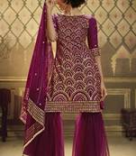 Wine Sequins Embroidered Net Party Wear Sharara Suit