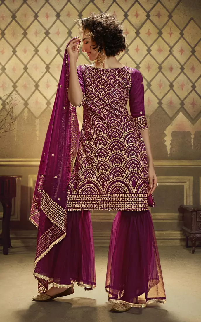 Bewitching Wine sequins embroidered net Party wear sharara Suit