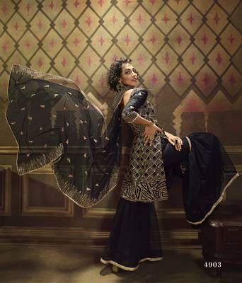 Black Sequins Embroidered Net Sharara Salwar Kameez 4
