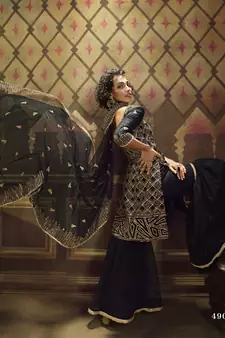 Black Sequins Embroidered Net Sharara Salwar Kameez