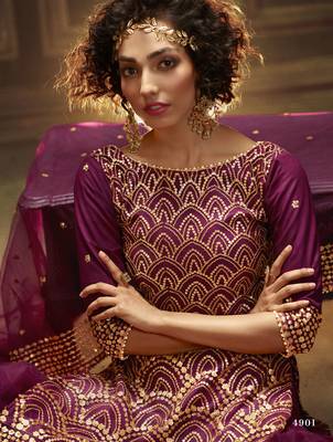 Wine Sequins Embroidered Net Party Wear Sharara Suit 2