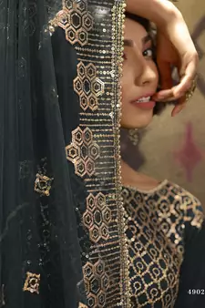  Teal Green Sequins Embroidered Net Sharara Suit For Eid