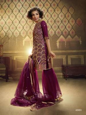 Wine Sequins Embroidered Net Party Wear Sharara Suit 3
