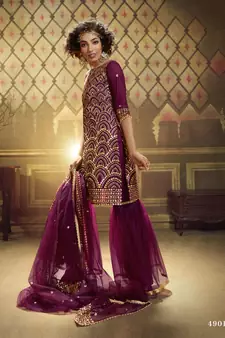 Wine Sequins Embroidered Net Party Wear Sharara Suit