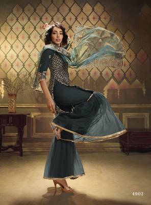  Teal Green Sequins Embroidered Net Sharara Suit For Eid 4