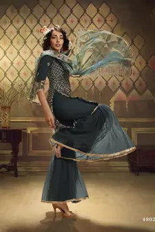  Teal Green Sequins Embroidered Net Sharara Suit For Eid