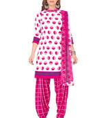 Salwar Studio Women's White & Pink Synthetic Printed Unstitch Dress Material with Dupatta