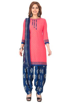 Salwar Studio Women's Pink & Blue Synthetic Printed Unstitch Dress Material with Dupatta 1