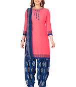 Salwar Studio Women's Pink & Blue Synthetic Printed Unstitch Dress Material with Dupatta