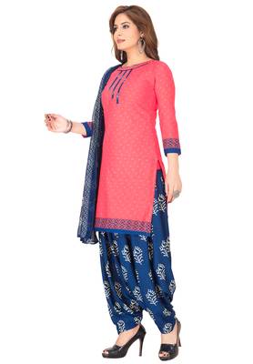 Salwar Studio Women's Pink & Blue Synthetic Printed Unstitch Dress Material with Dupatta 3