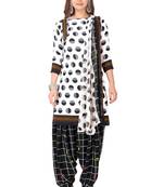 Salwar Studio Women's White & Black Synthetic Printed Unstitch Dress Material with Dupatta