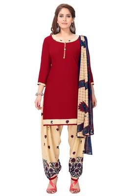 Salwar Studio Women's Red & Beige Synthetic Printed Unstitch Dress Material with Dupatta 1