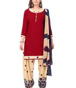 Salwar Studio Women's Red & Beige Synthetic Printed Unstitch Dress Material with Dupatta