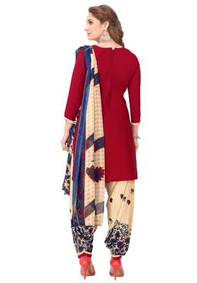 Salwar Studio Women's Red & Beige Synthetic Printed Unstitch Dress Material with Dupatta 2