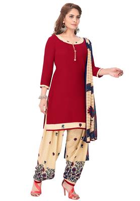 Salwar Studio Women's Red & Beige Synthetic Printed Unstitch Dress Material with Dupatta 3