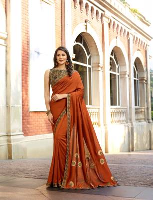 Dark copper embroidered silk saree with blouse 3