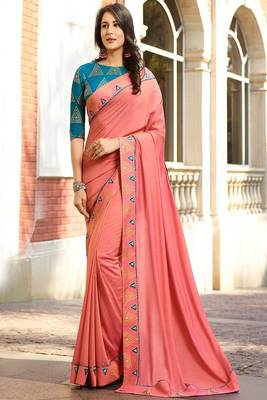 Baby pink embroidered silk saree with blouse 1