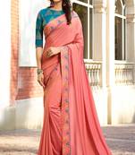 Baby pink embroidered silk saree with blouse