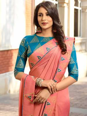Baby pink embroidered silk saree with blouse 4