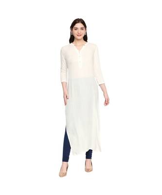 White Self Designed Floral 3/4th Sleeves Rayon Straight Long Kurti 1
