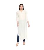 White Self Designed Floral 3/4th Sleeves Rayon Straight Long Kurti