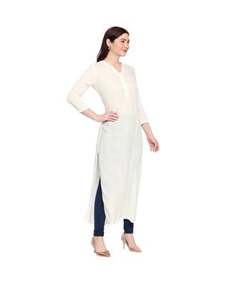 White Self Designed Floral 3/4th Sleeves Rayon Straight Long Kurti 3